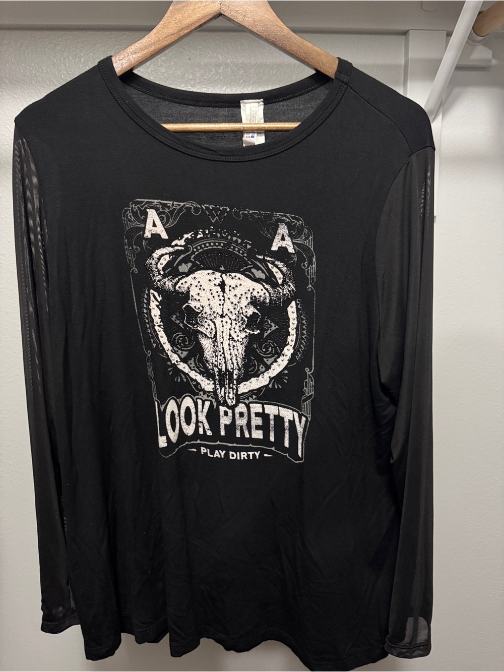 Black 'Look Pretty' Long Sleeve Graphic Tee with sheer sleeves